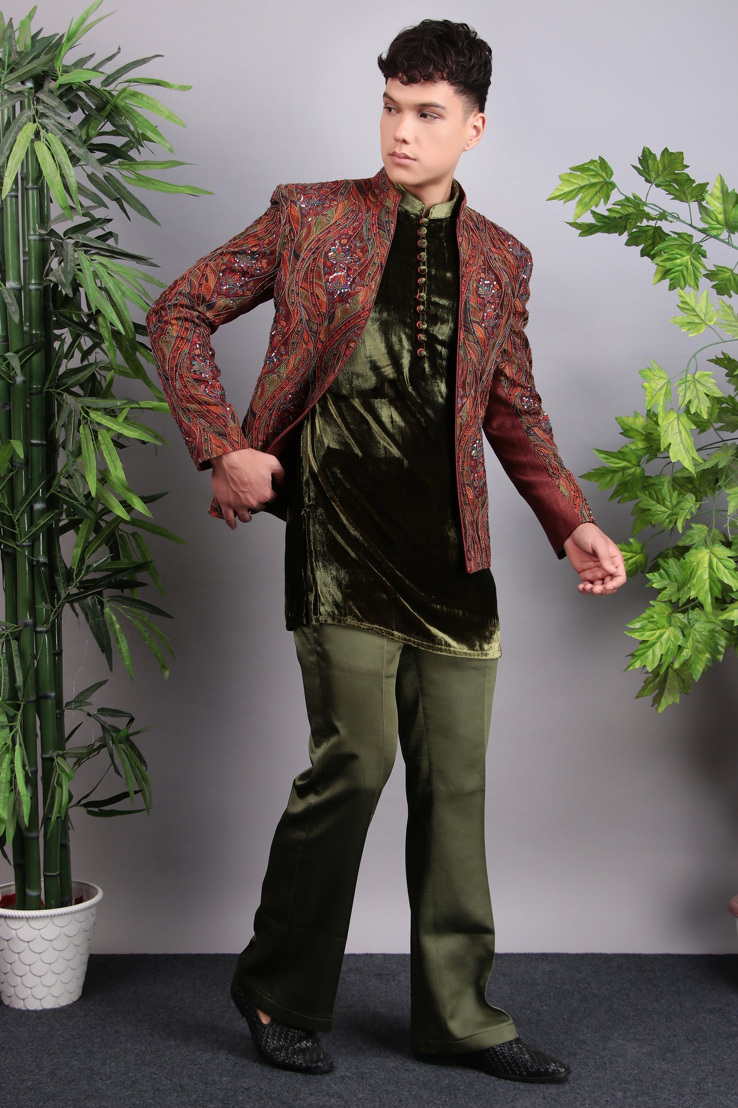 Side view - Men’s Indo-Western – Velvet Embroidered Fabric in Green with Multi Colored Floral Embroidery
