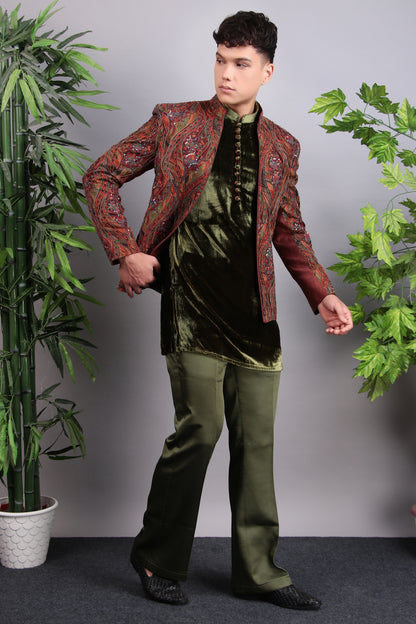 Men’s Indo-Western – Velvet Embroidered Fabric in Green with Multi Colored Floral Embroidery | One Man Show