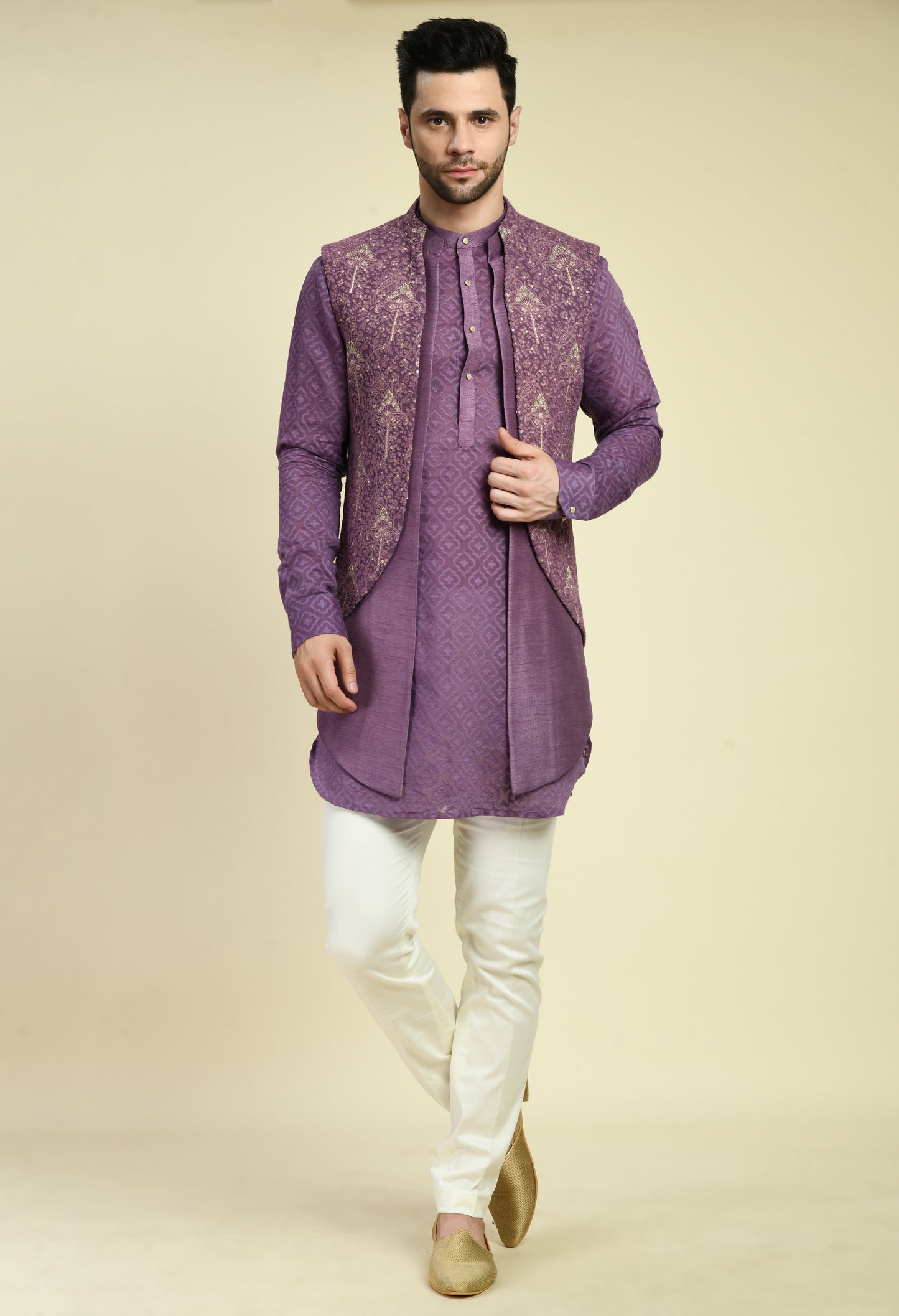 Side view - Men’s Nehru Jacket – Silk Georgette in Purple with Silk Thread and Zari Embroidery