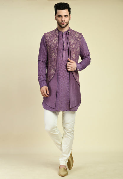 Men’s Nehru Jacket – Silk Georgette in Purple with Silk Thread and Zari Embroidery | One Man Show