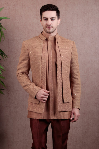 Men’s Jodhpuri Kurta Set – Silk in Light Brown with Silk Thread Embroidery & Layered Open Front | One Man Show