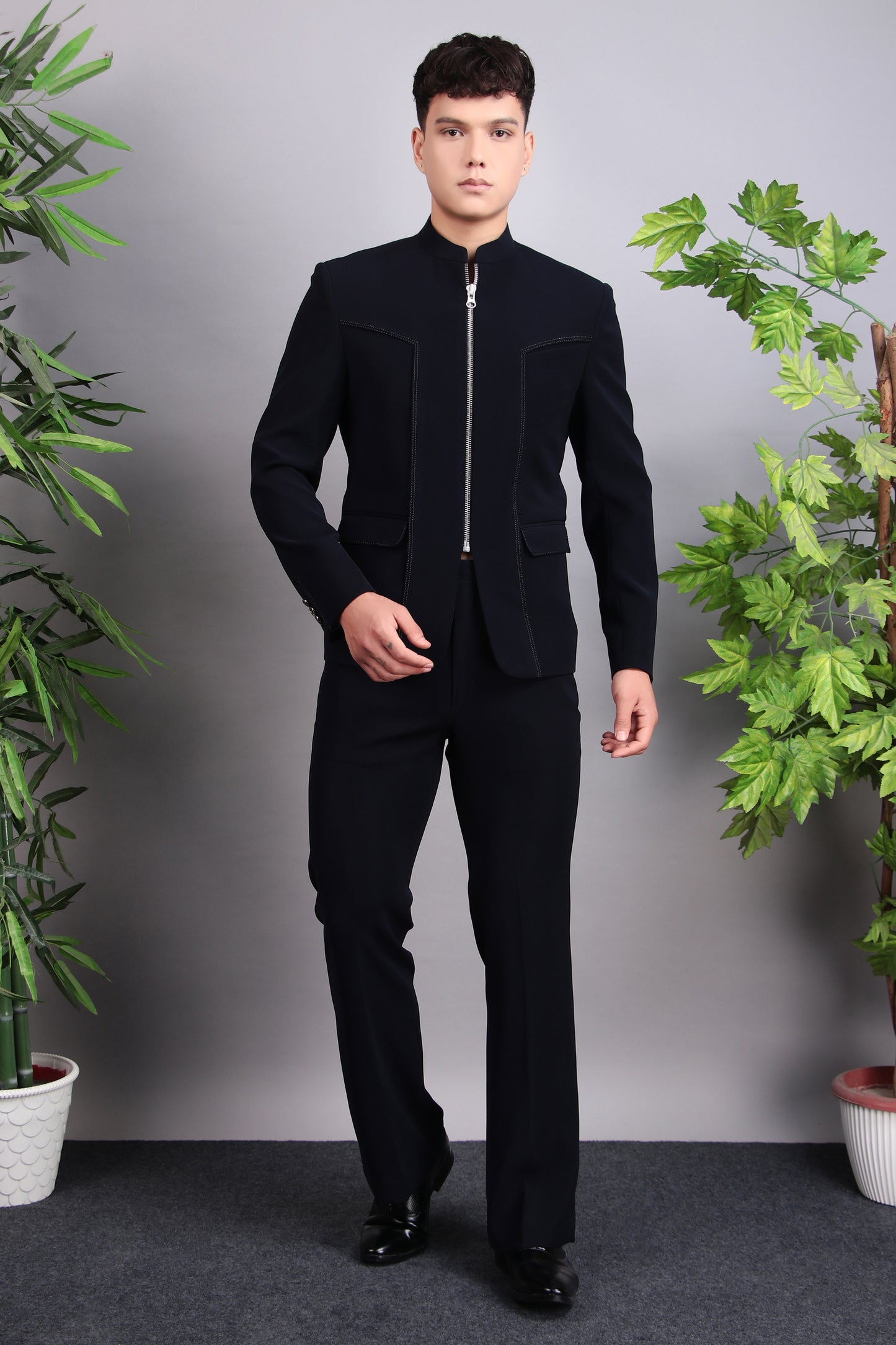 Front view - Men’s Bandhgala – Cotton Velvet in Midnight Blue with Hand Embroidery