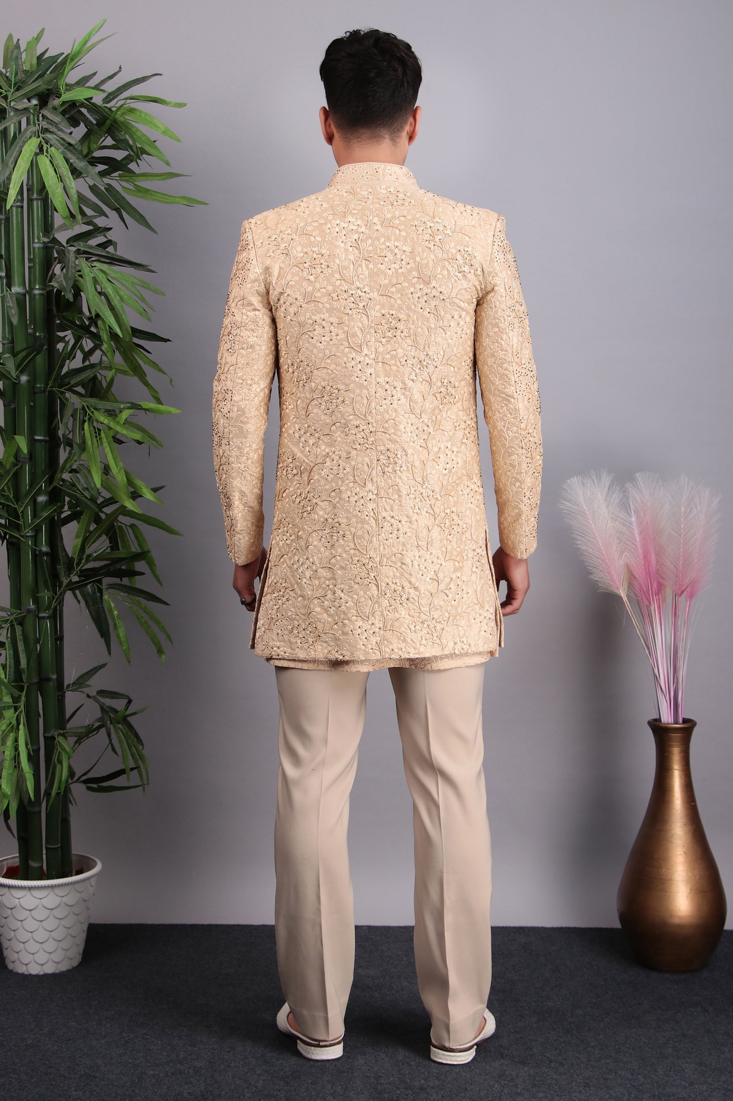Detail view 4 - Men’s Indo-Western – Silk Embroidered Fabric in Beige with Floral Hand Embroidery