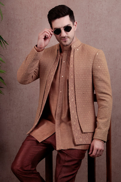 Men’s Jodhpuri Kurta Set – Silk in Light Brown with Silk Thread Embroidery & Layered Open Front | One Man Show