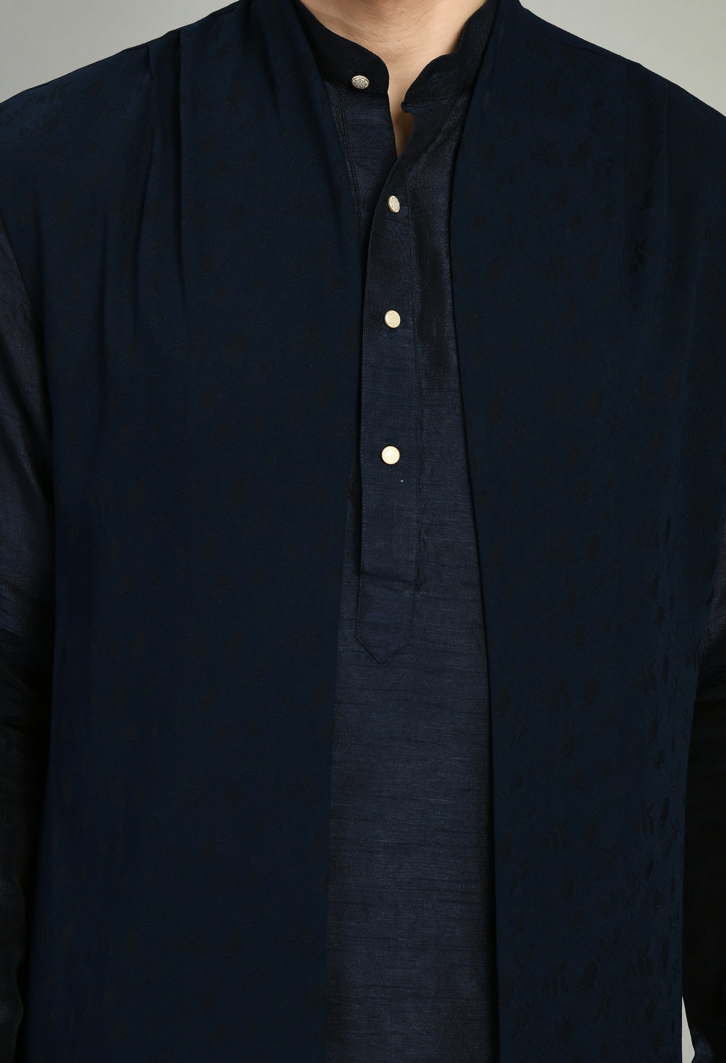 Detail view 2 - Men’s Nehru Jacket – Silk Modal in Navy Blue with Shurg Style Jacket