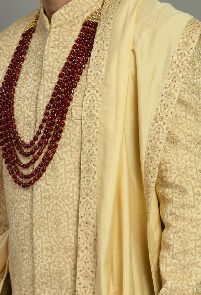 Men’s Sherwani – Silk in Beige with Detailed Hand Embroidery Allover | One Man Show