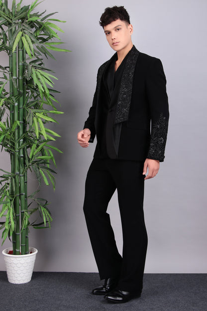 Men’s Tuxedo – Japanese Lycra in Black with Layered Lapel & Beaded Embroidery | One Man Show