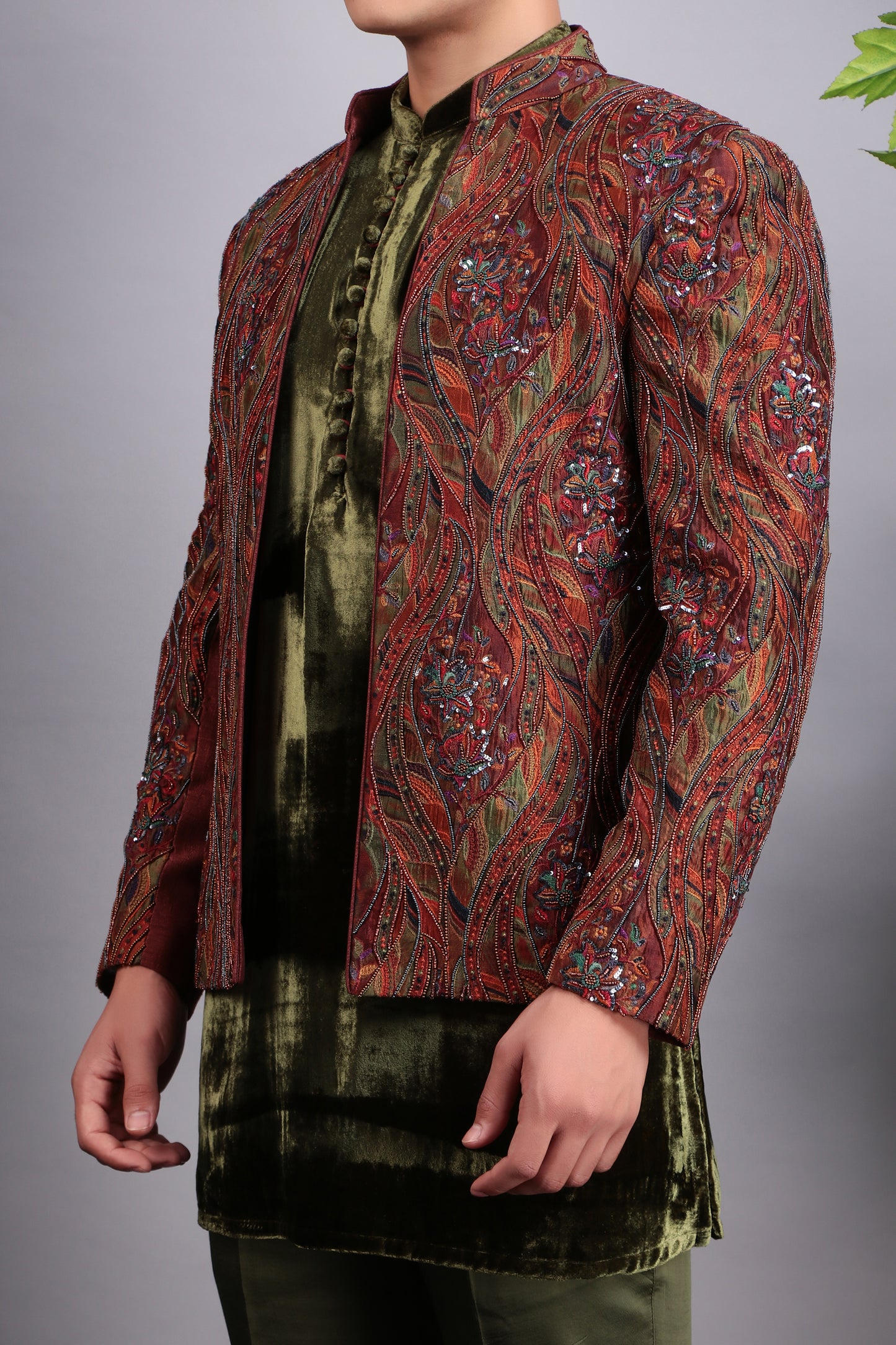 Detail view 1 - Men’s Indo-Western – Velvet Embroidered Fabric in Green with Multi Colored Floral Embroidery
