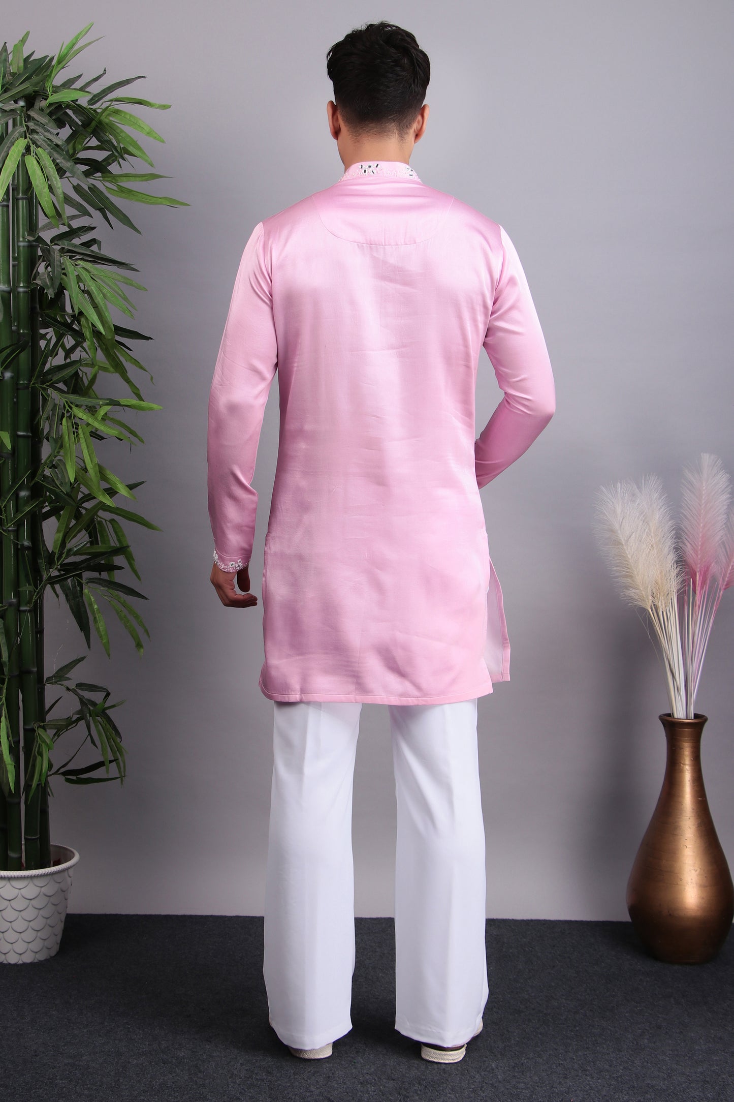Back view - Men’s Kurta Set – Modal Satin in Pink with Tie and Dye & Silk Thread Embroidery