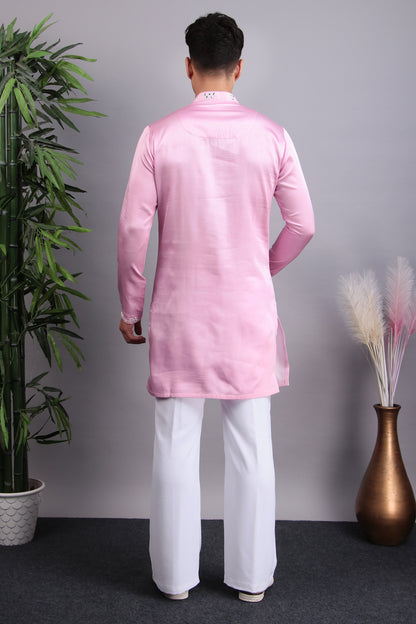 Men’s Kurta Set – Modal Satin in Pink with Tie and Dye & Silk Thread Embroidery | One Man Show