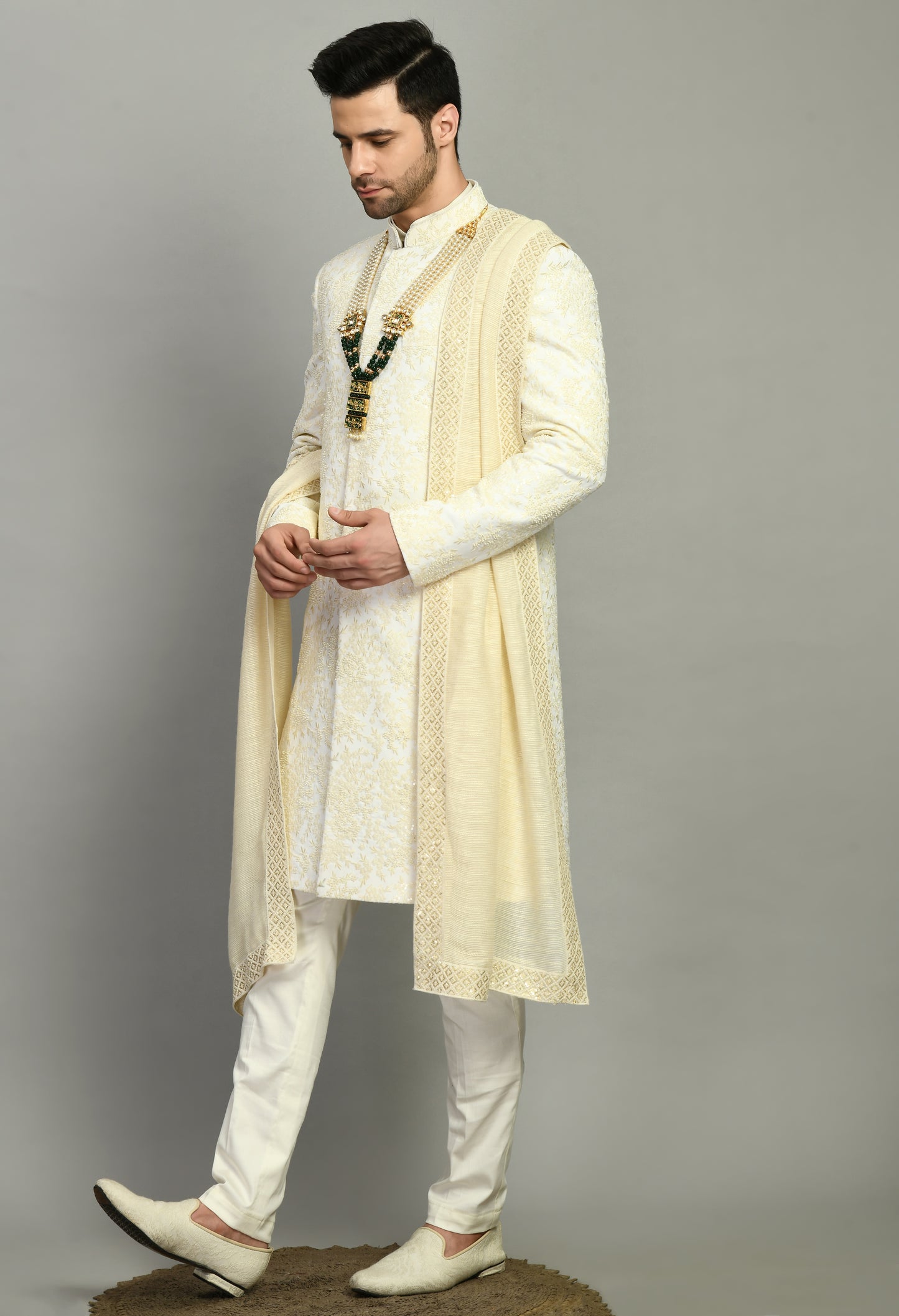 Detail view 1 - Men’s Sherwani – Silk in Cream with Detailed Hand Embroidery
