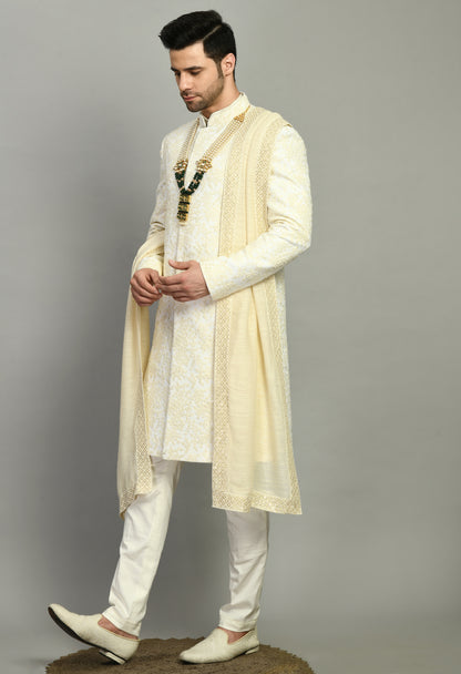 Men’s Sherwani – Silk in Cream with Detailed Hand Embroidery | One Man Show
