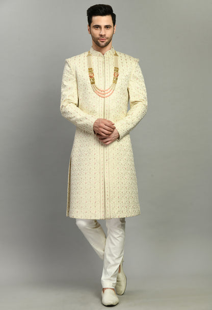 Men’s Sherwani – Silk in Cream with Detailed Hand Embroidery Allover | One Man Show