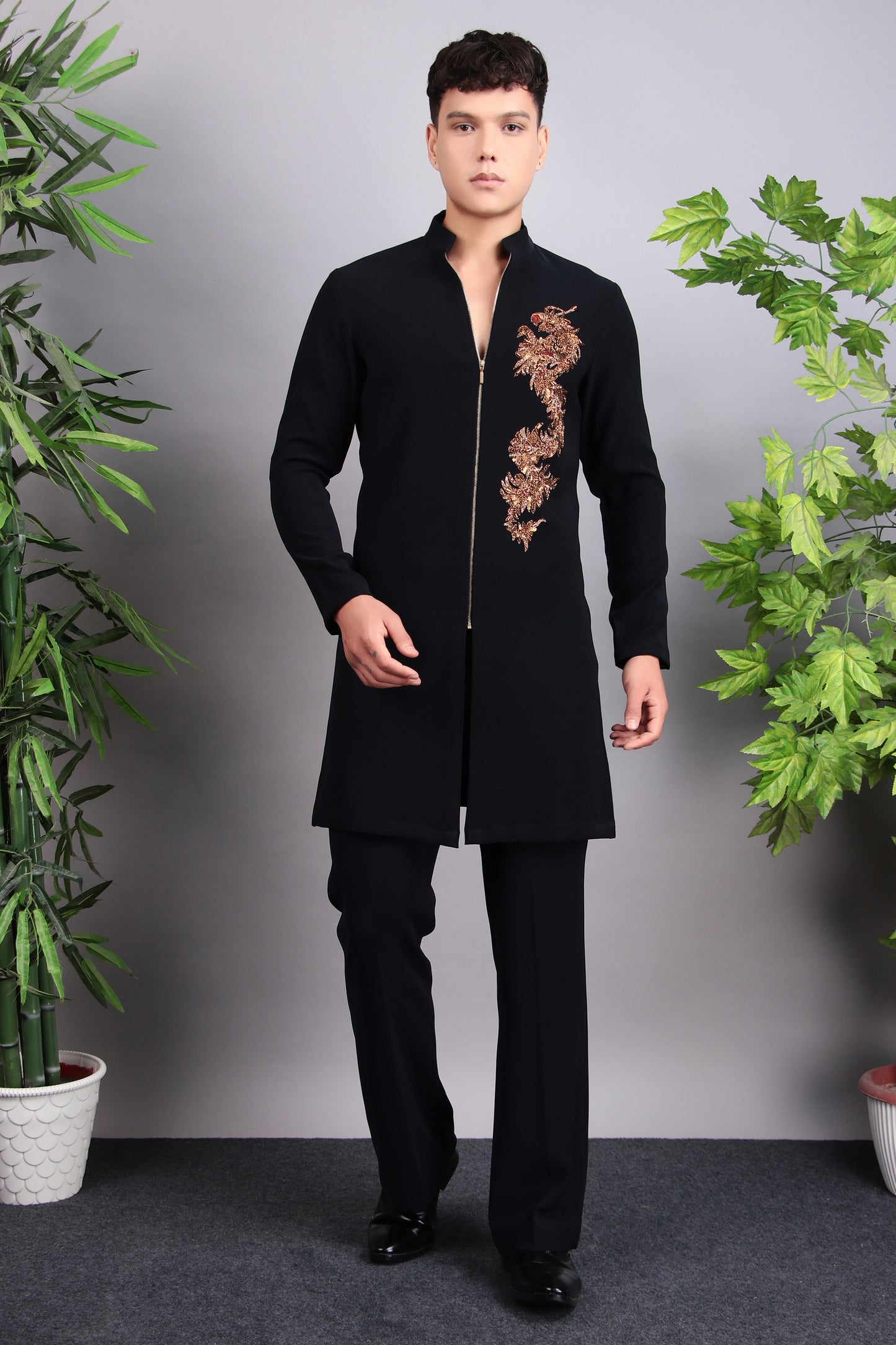 Side view - Men’s Nehru Jacket – Japanese Lycra in Blue with Designer Zip Front