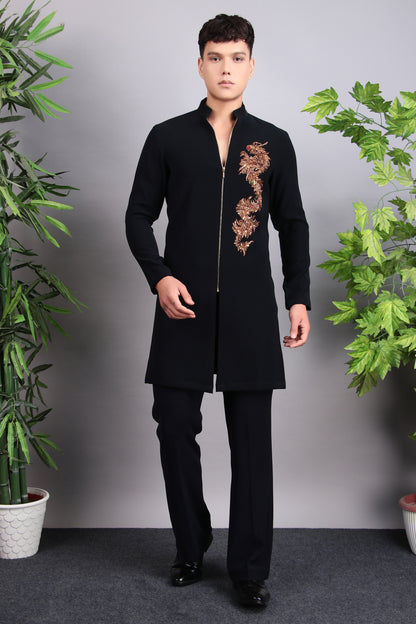 Men’s Nehru Jacket – Japanese Lycra in Blue with Designer Zip Front | One Man Show