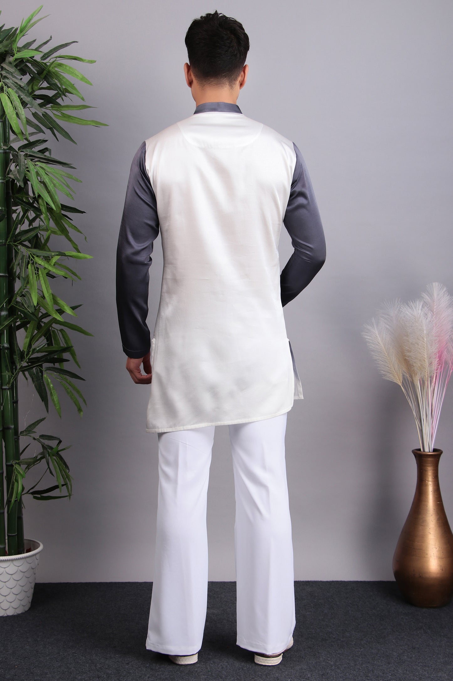 Detail view 4 - Men’s Kurta Set – Modal Satin in Purple with Silk Thread Embroidery