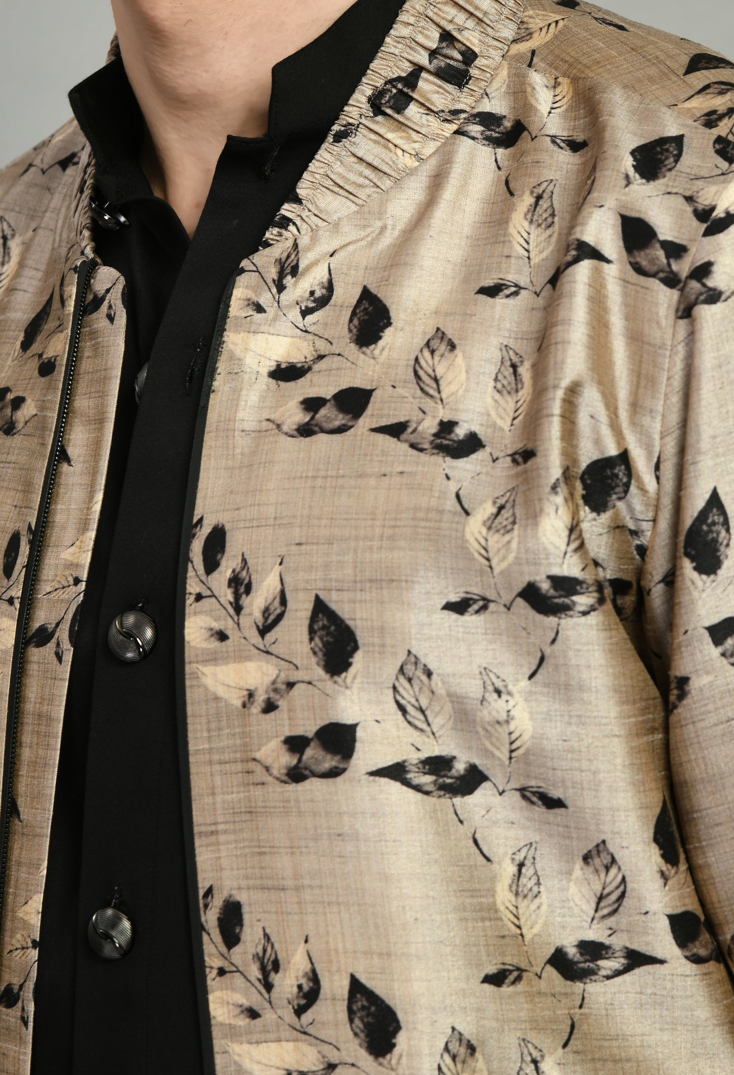 Detail view 3 - Men’s Indo-Western Set – Silk Print in Cream and Black with Floral Print Bomber Jacket
