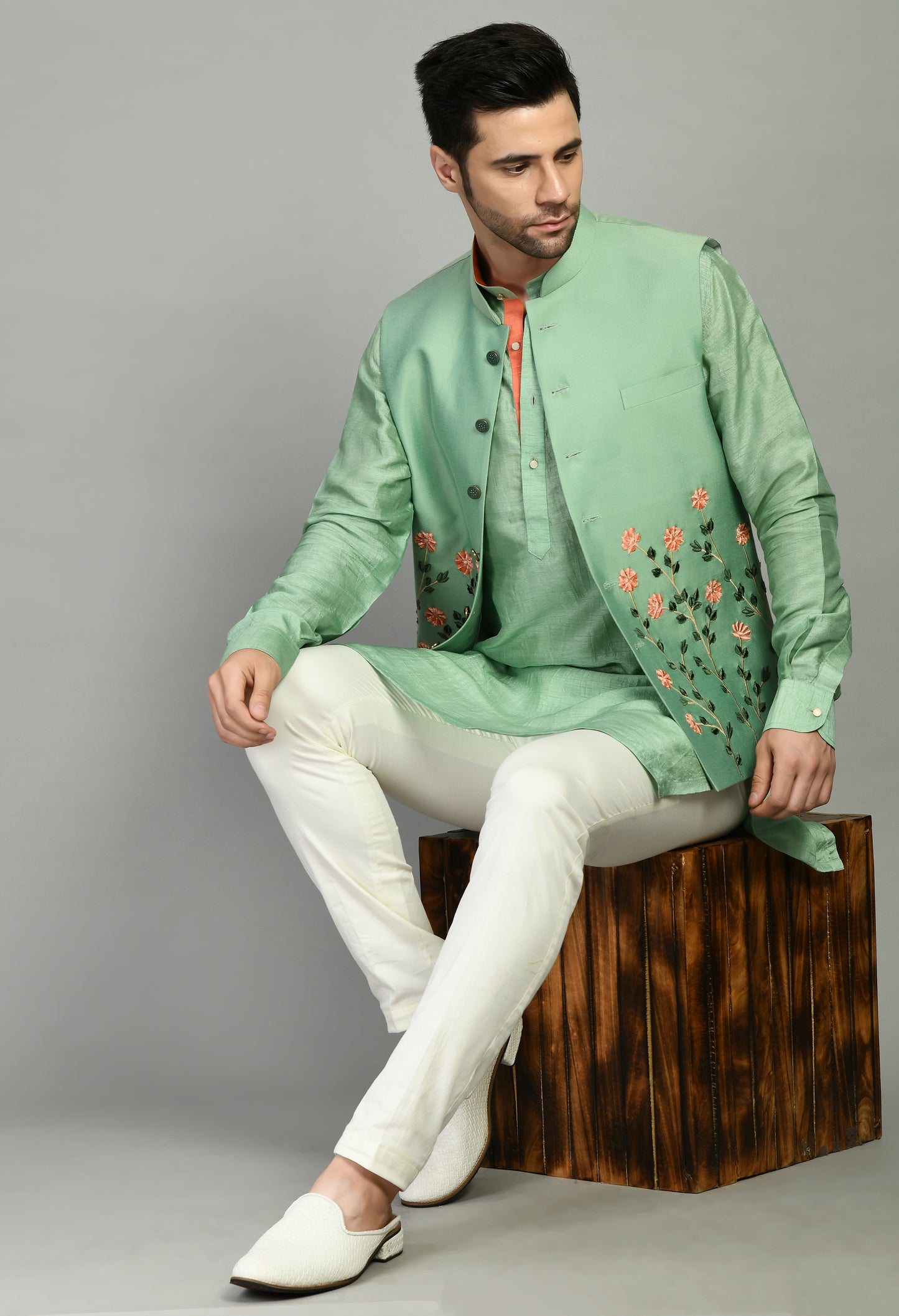 Back view - Men’s Nehru Jacket – Cotton Silk in Green with Silk Thread Embroidery
