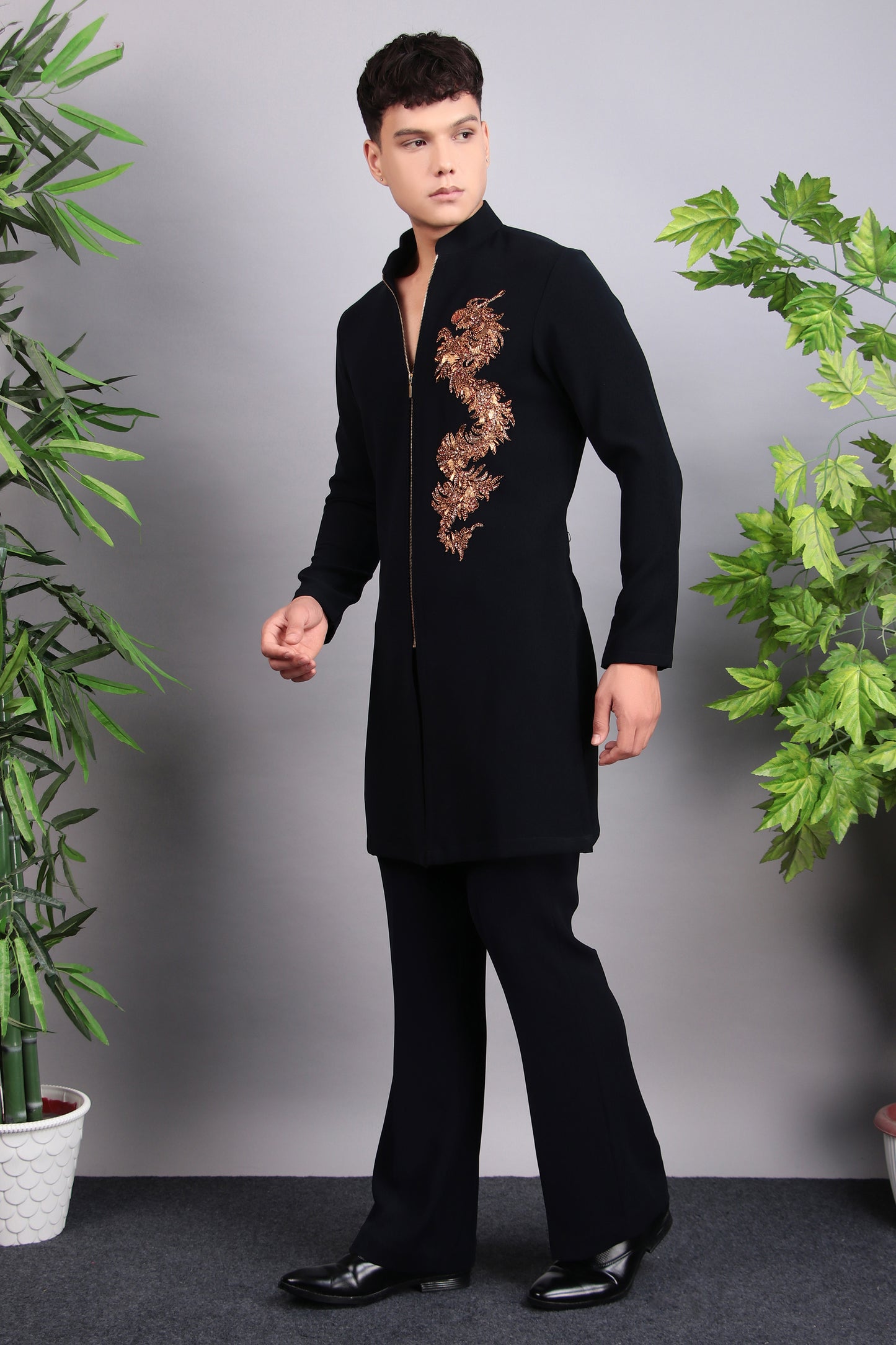 Back view - Men’s Nehru Jacket – Japanese Lycra in Blue with Designer Zip Front