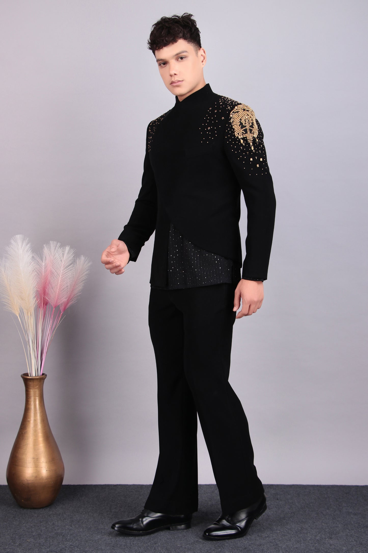 Front view - Men’s Bandhgala – Japanese Lycra in Black with Hand Embroidery in Gold