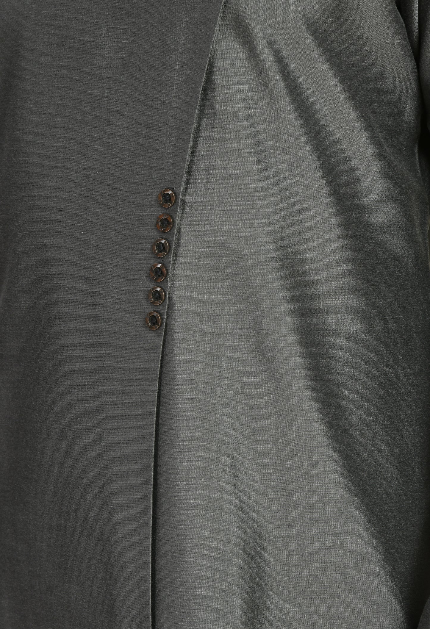 Detail view 2 - Men’s Kurta Set – Cotton Silk in Grey with Assymetric Hem and Front Overlap Design