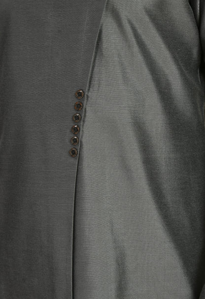 Men’s Kurta Set – Cotton Silk in Grey with Assymetric Hem and Front Overlap Design | One Man Show