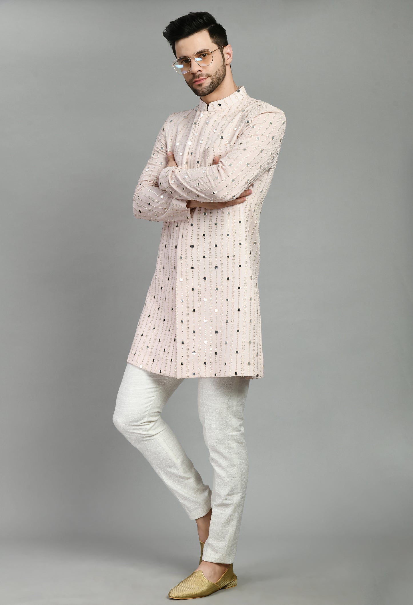 Detail view 3 - Men’s Indo-Western – Silk Georgette in Pink with Mirror Work Embroidery