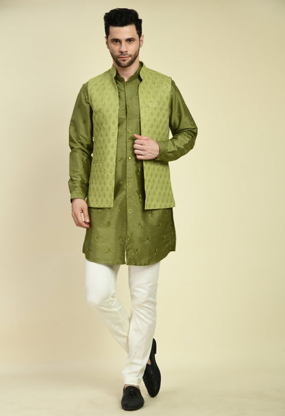 Men’s Nehru Jacket – Silk Georgette in Green with Silk Thread Embroidery | One Man Show