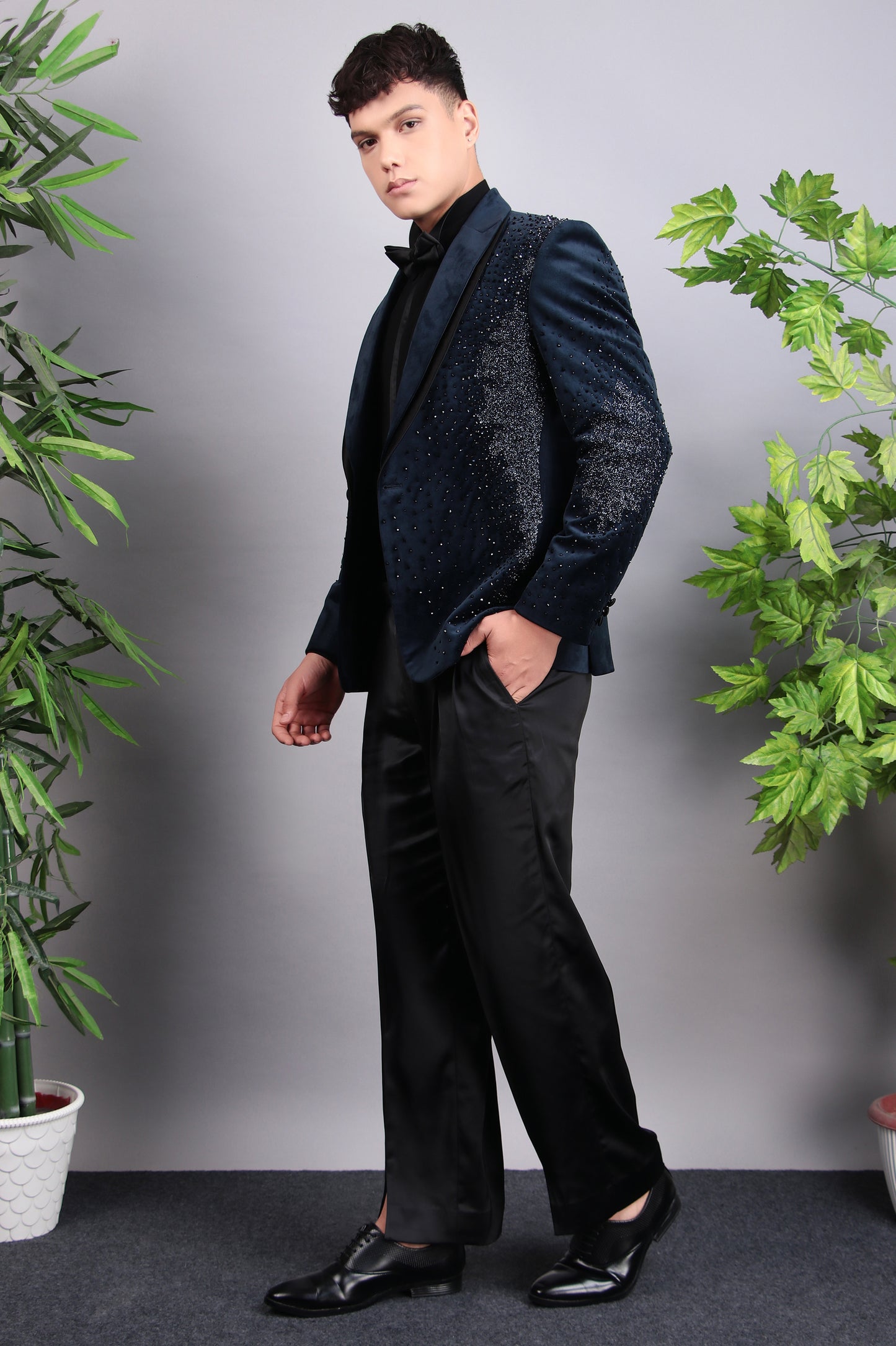 Side view - Men’s Indo-Western – Suede Top in Blue with Glass Abstract Placement Embroidery