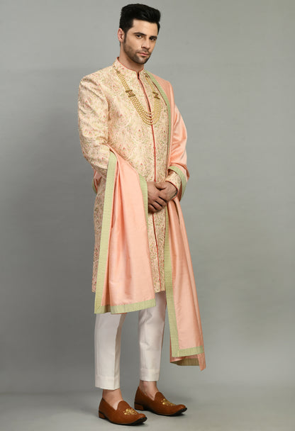 Men’s Sherwani – Silk in Peach with Detailed Hand Embroidery | One Man Show
