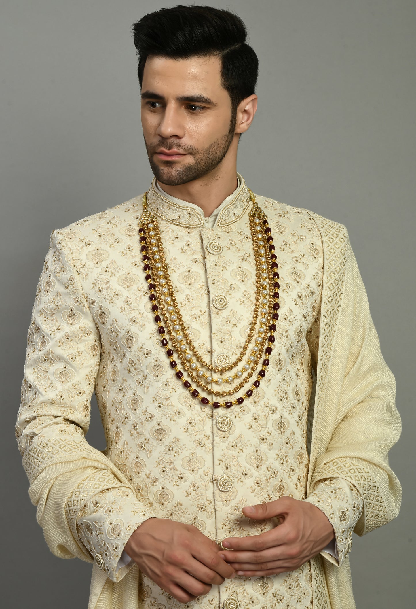 Side view - Men’s Sherwani – Silk in Ivory with Detailed Hand Embroidery