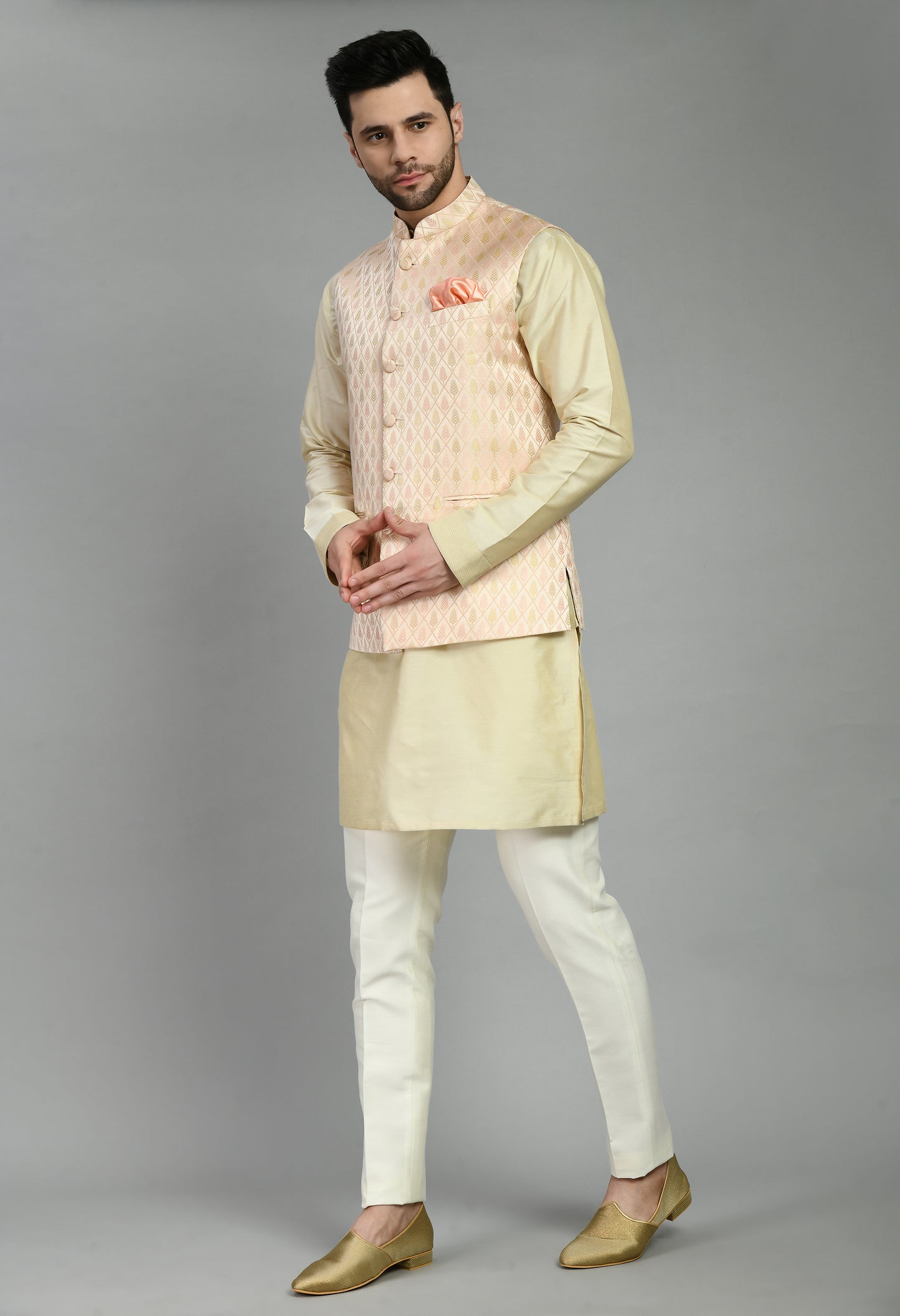 Back view - Men’s Nehru Jacket – Silk in Pink with Silk Jaquard