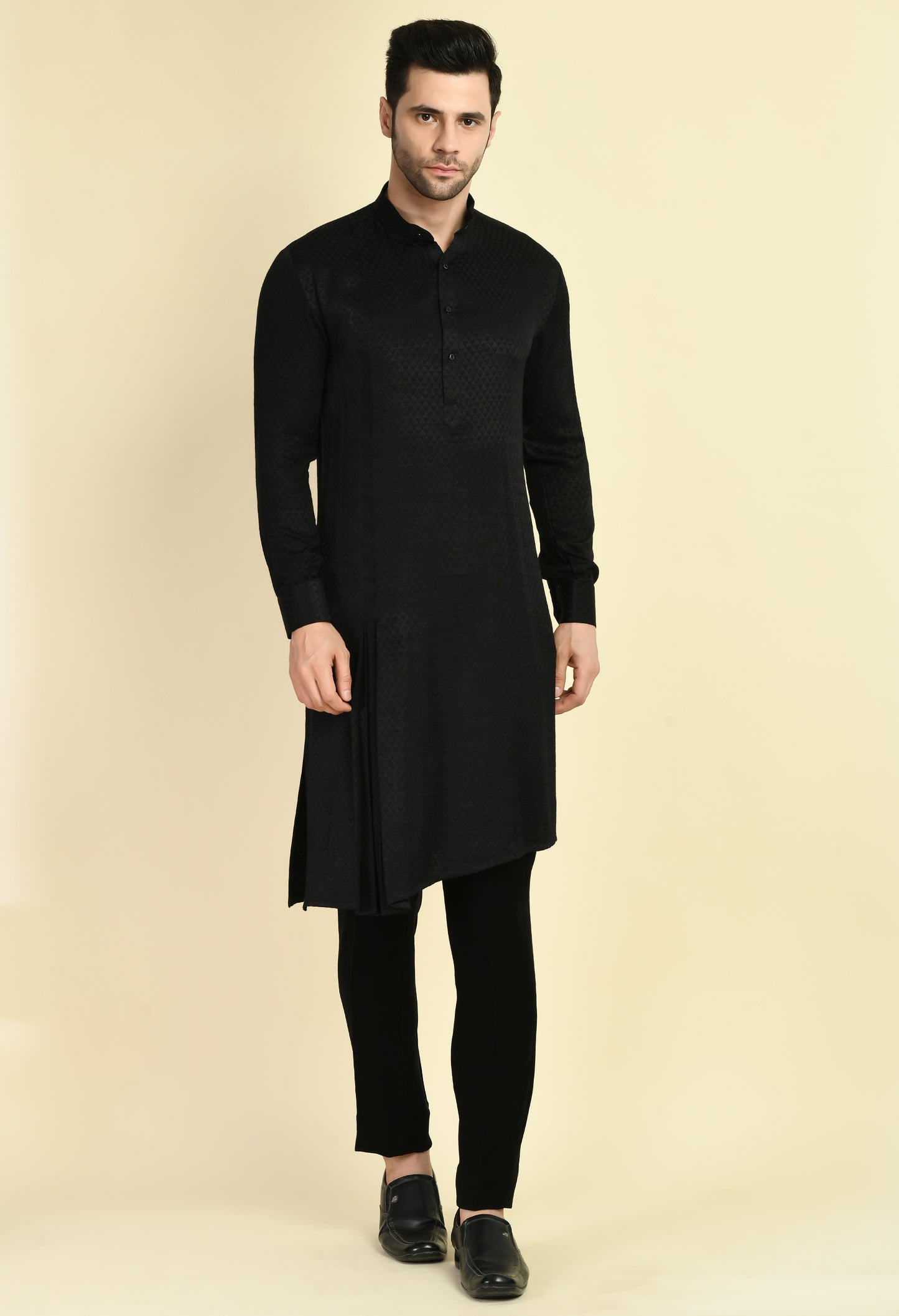 Side view - Men’s Indo-Western – Silk Georgette in Black with Angrakha Front and Draped Kurta