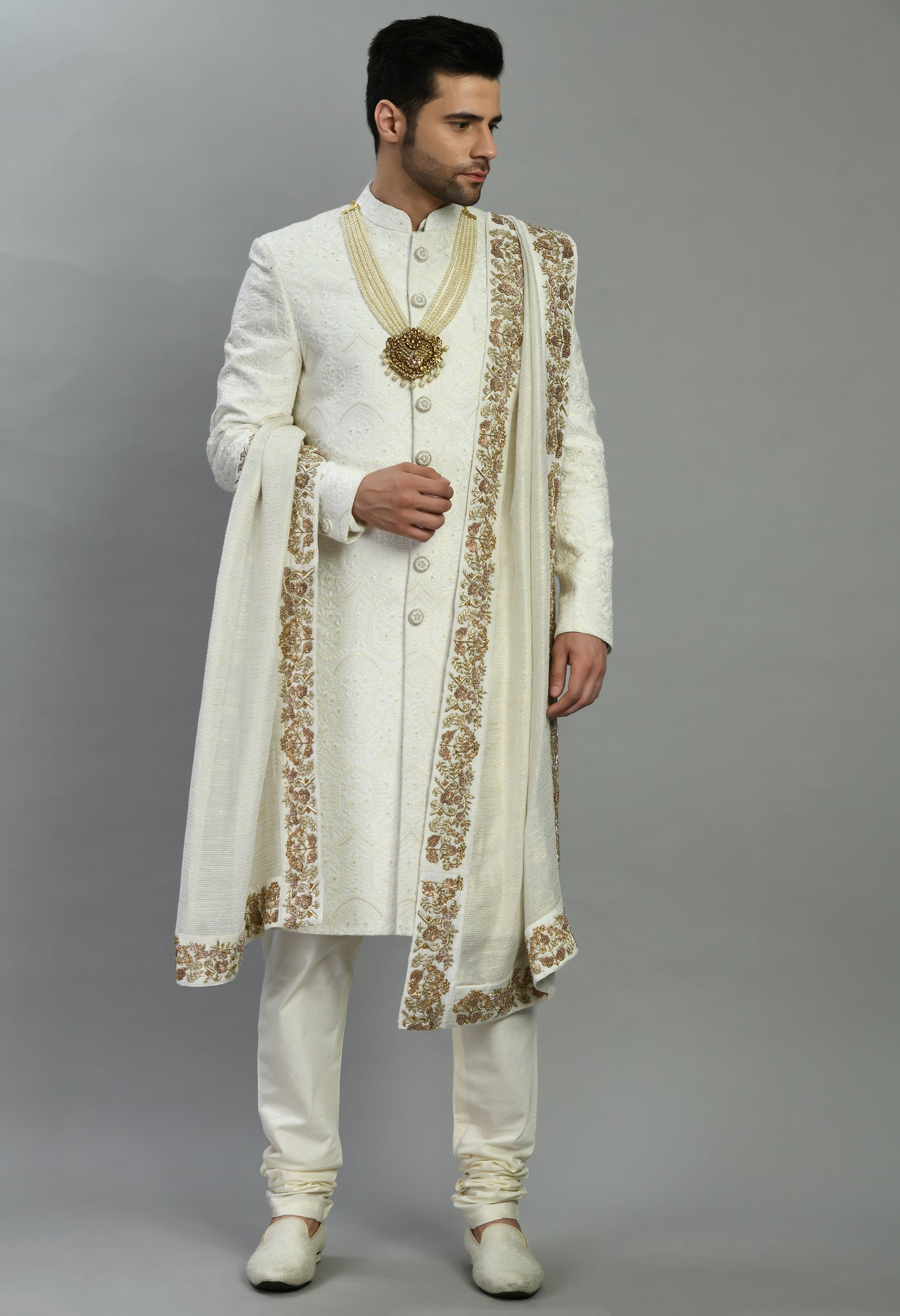 Detail view 1 - Men’s Sherwani – Silk in Ivory with Detailed Hand Embroidery Allover