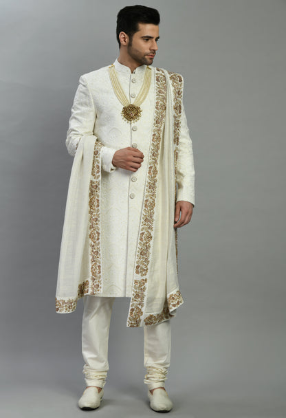 Men’s Sherwani – Silk in Ivory with Detailed Hand Embroidery Allover | One Man Show