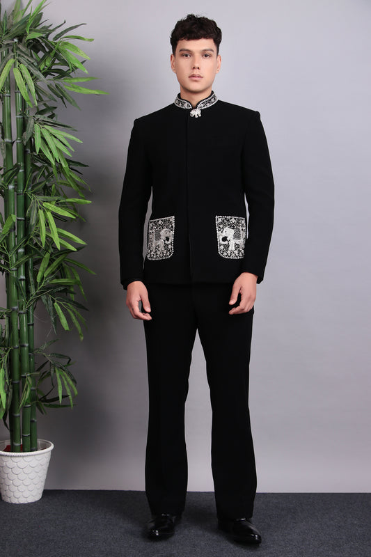 Front view - Men’s Bandhgala – Japanese Lycra in Black with Silver Silk Thread, Zari and Stones Embroidery