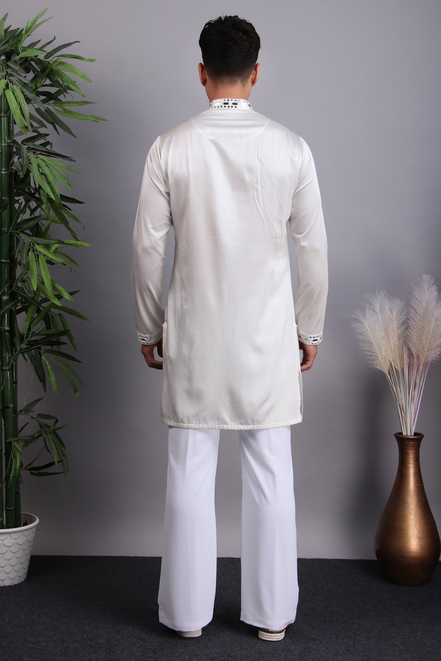 Back view - Men’s Kurta Set – Modal Satin in Blue with Tie and Dye & Silk Thread Embroidery