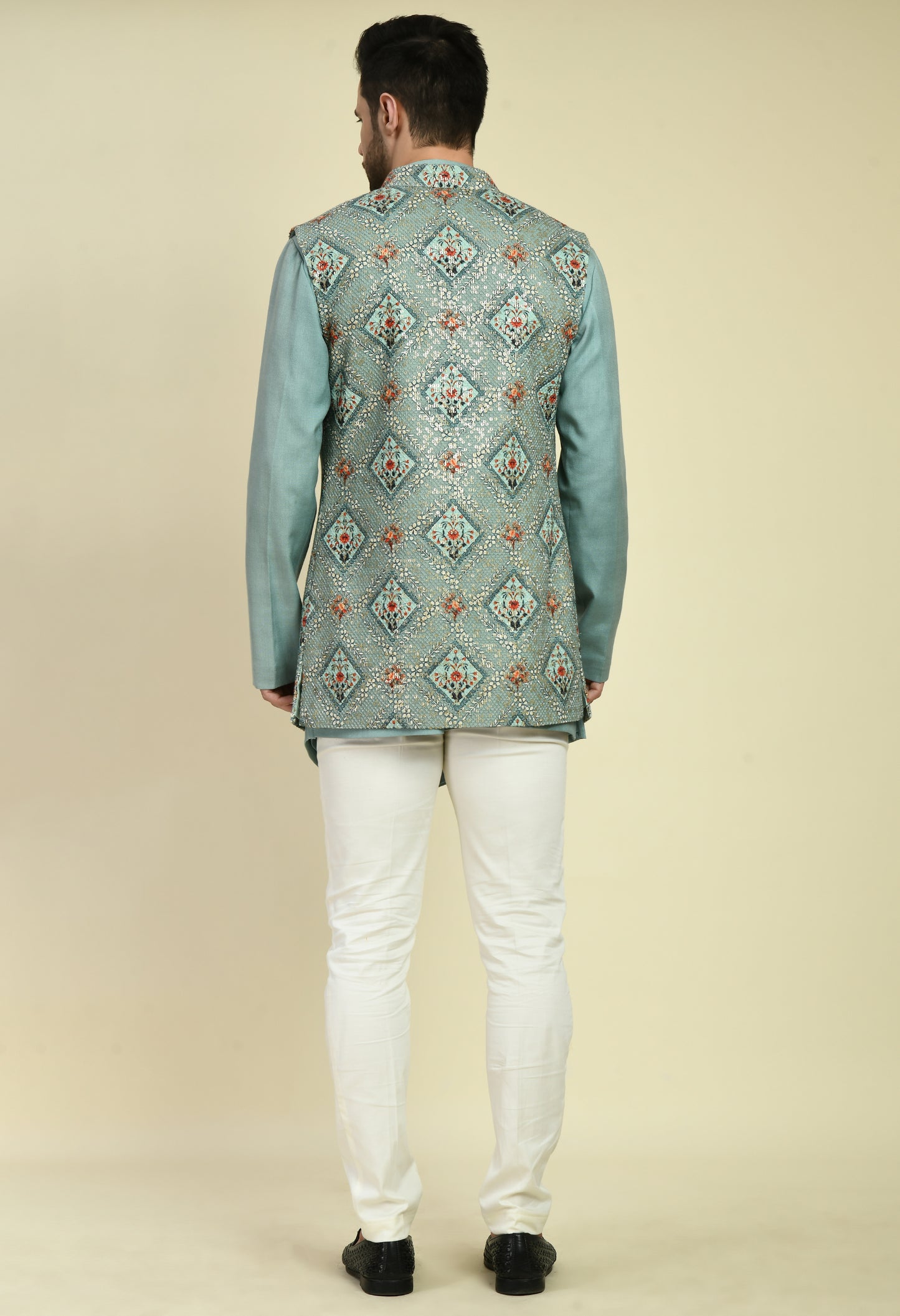 Detail view 3 - Men’s Nehru Jacket – Silk in Blue with Front Open Printed Jacket
