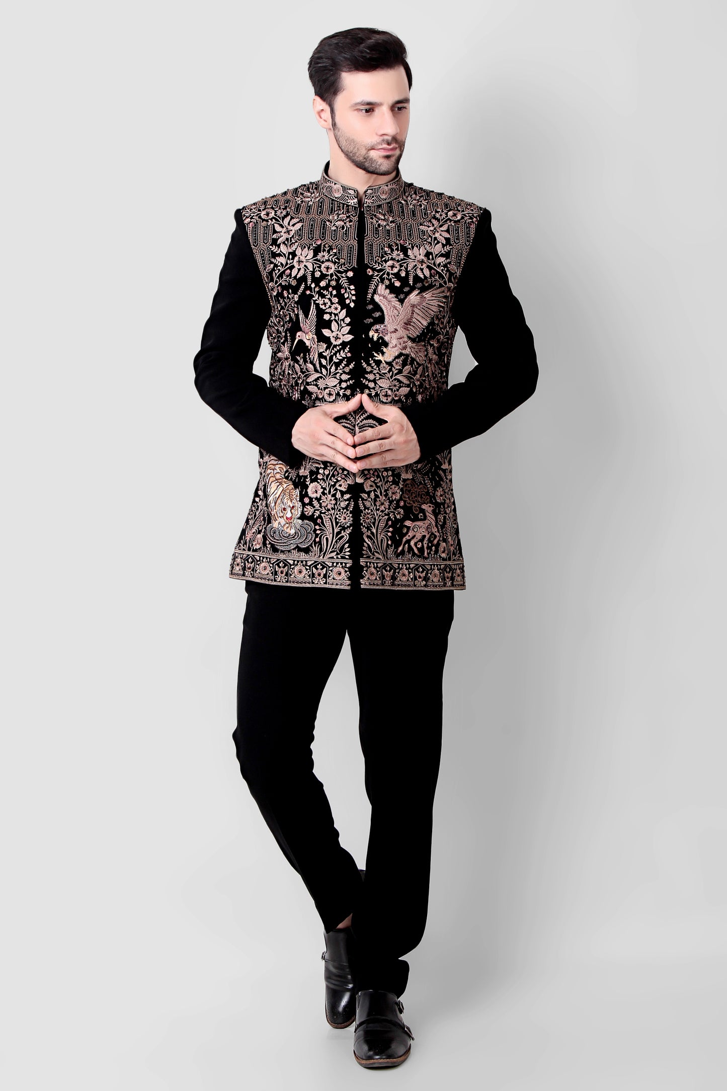 Front view - Men’s Bandhgala – Japanese Lycra in Black with Royal Palace Theme Embroidery