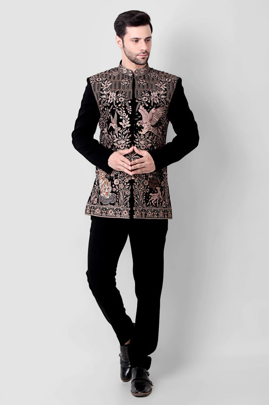 Men’s Bandhgala – Japanese Lycra in Black with Royal Palace Theme Embroidery | One Man Show