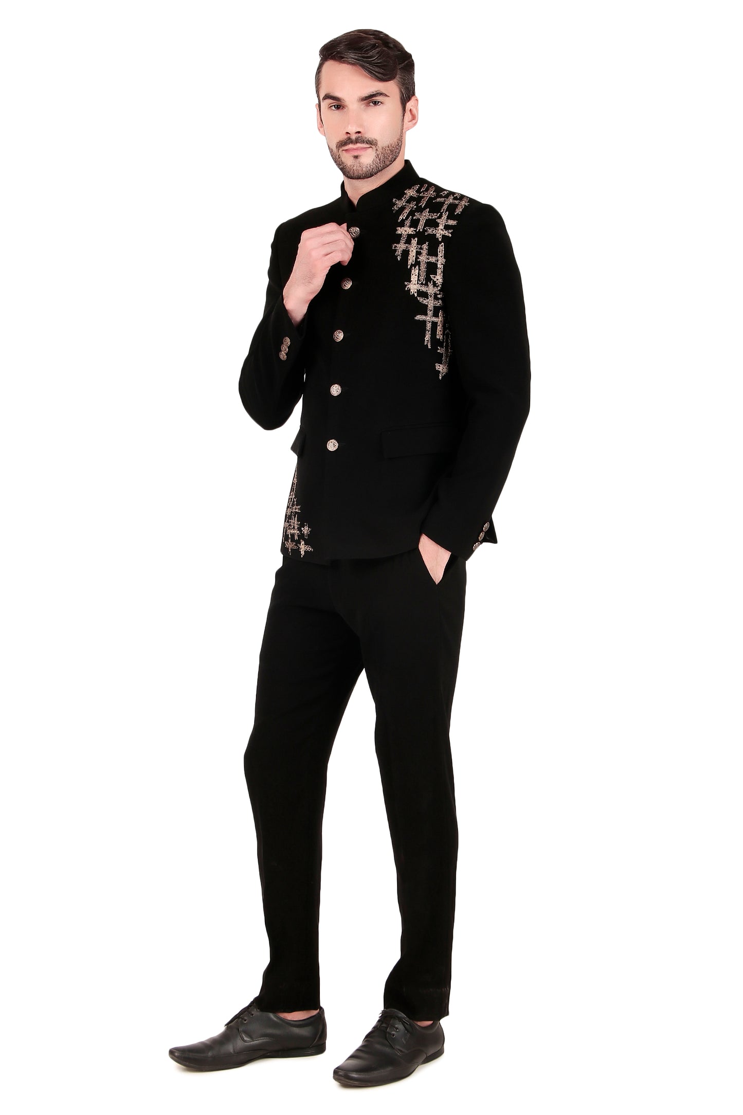 Detail view 2 - Men’s Bandhgala – Japanese Lycra in Black with Zari Embroidery