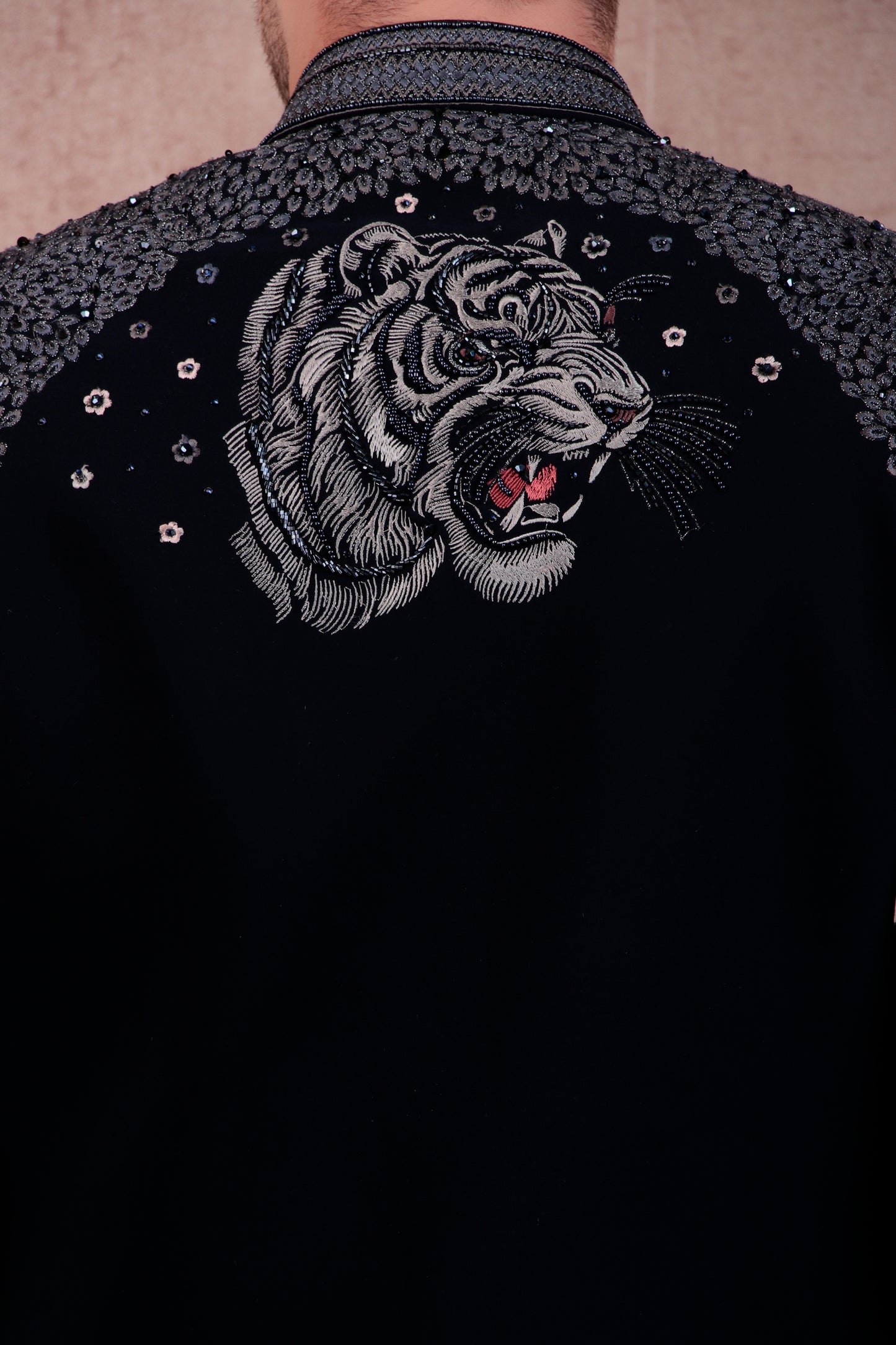 Detail view 5 - Men’s Bandhgala – Japanese Lycra in Navy Blue with Theme Embroidery Nature