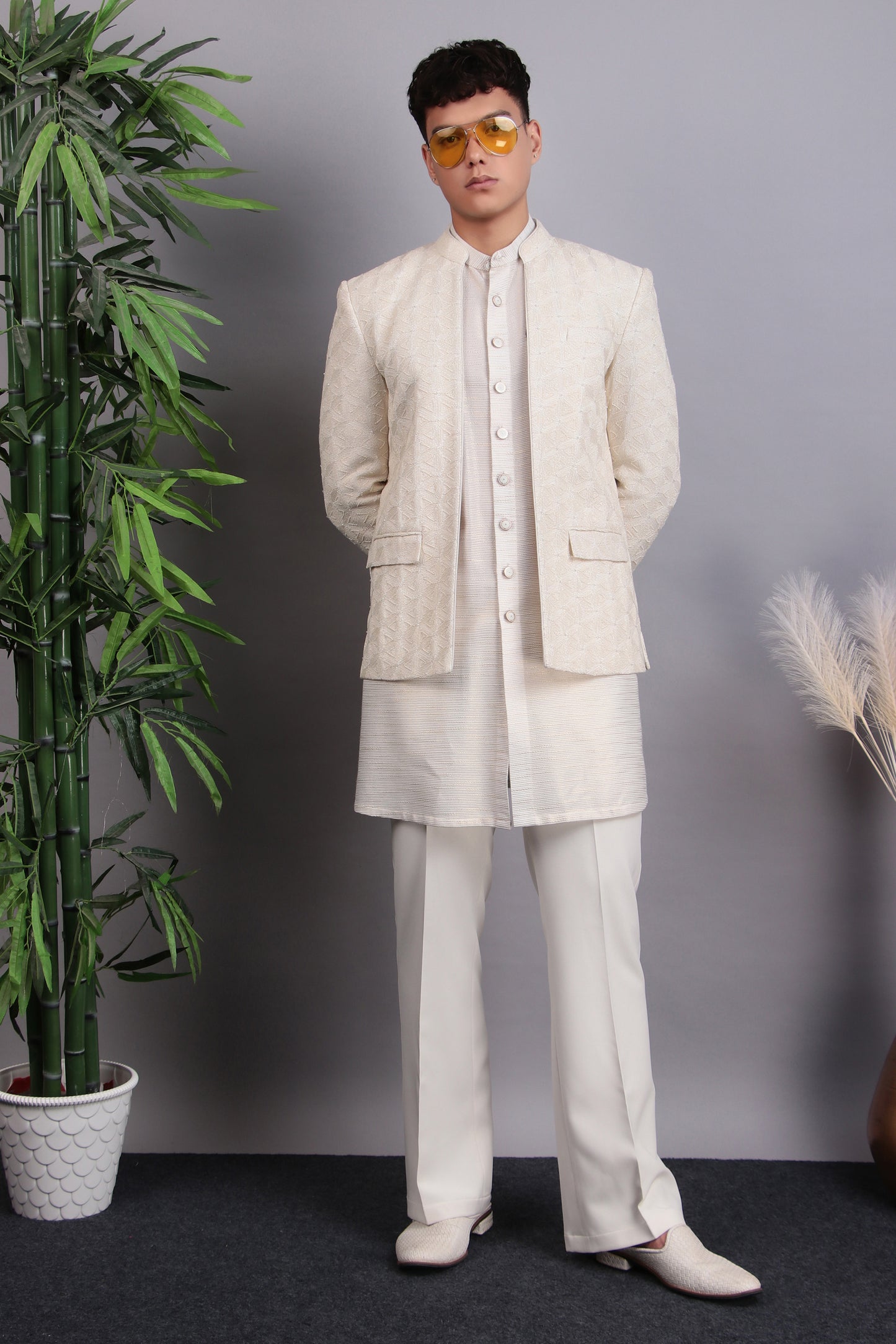 Front view - Men’s Indo-Western – Georgette Kurta in Ivory with Hand Embroidery