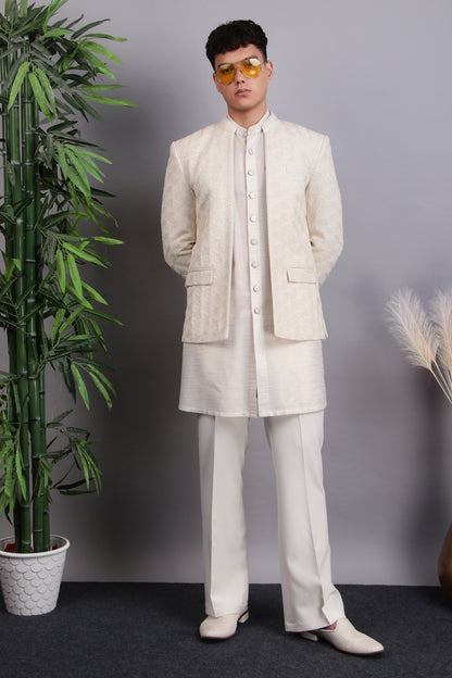 Men’s Indo-Western – Georgette Kurta in Ivory with Hand Embroidery | One Man Show