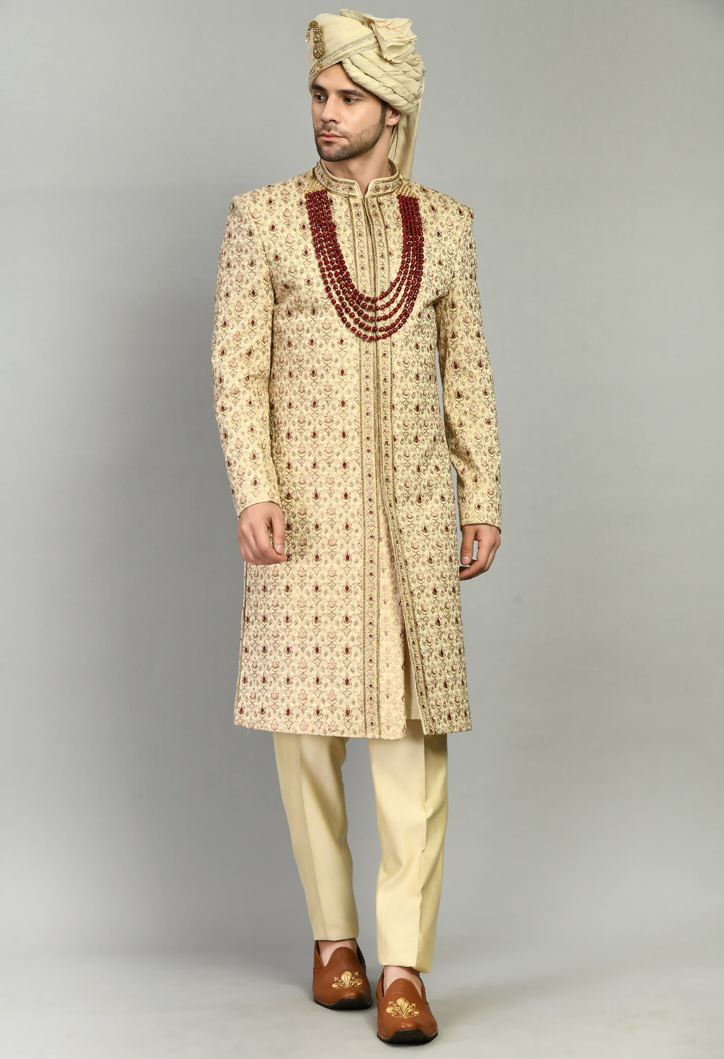 Front view - Men’s Sherwani – Silk in Beige with Detailed Hand Embroidery Allover