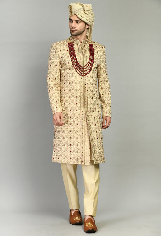 Front view - Men’s Sherwani – Silk in Beige with Detailed Hand Embroidery Allover