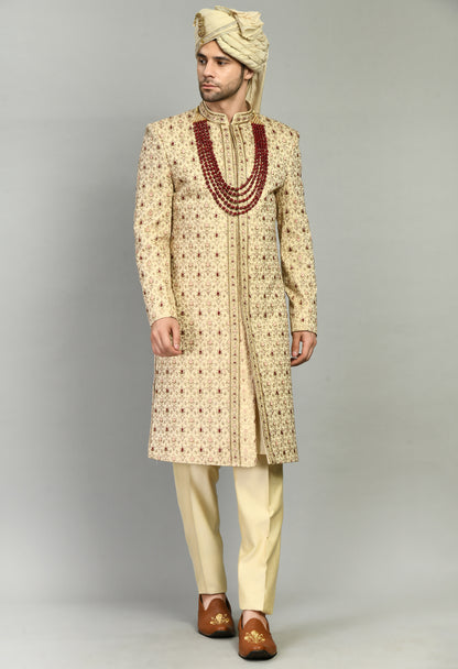 Men’s Sherwani – Silk in Beige with Detailed Hand Embroidery Allover | One Man Show