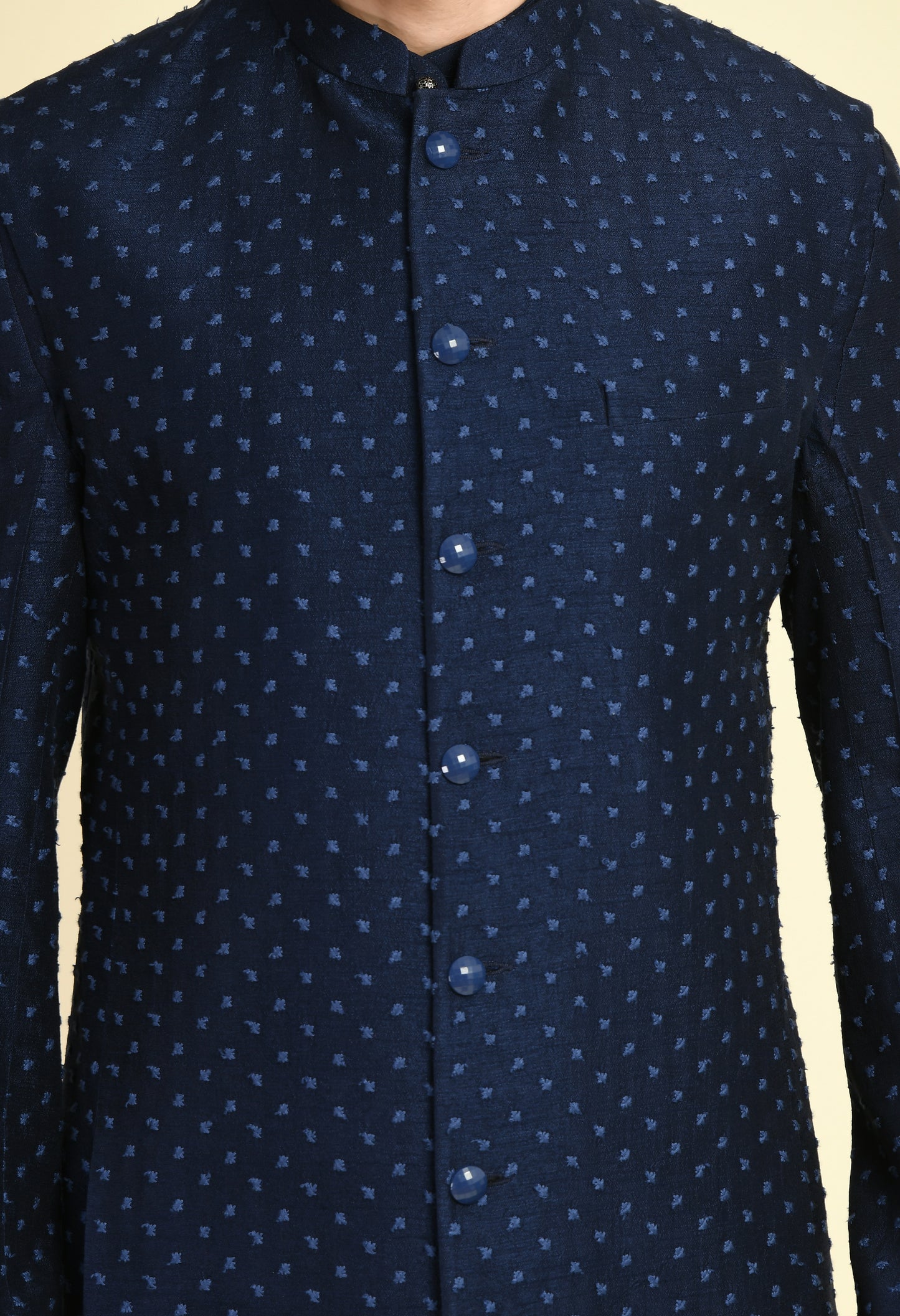 Side view - Men’s Nehru Jacket – Silk Jaquard in Navy Blue with Thread Embroidery
