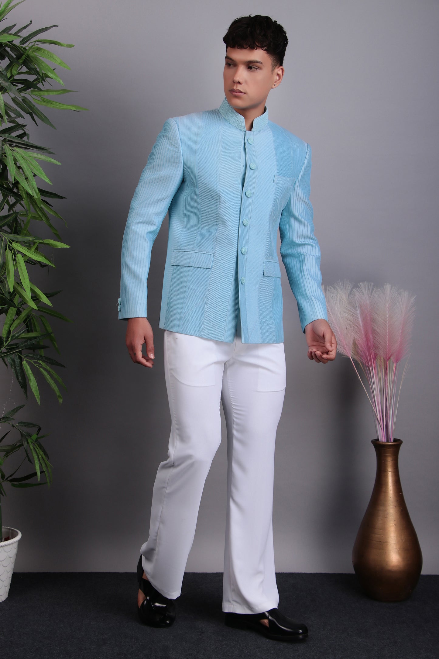 Side view - Men’s Bandhgala – Silk in Blue with Hand Embroidery