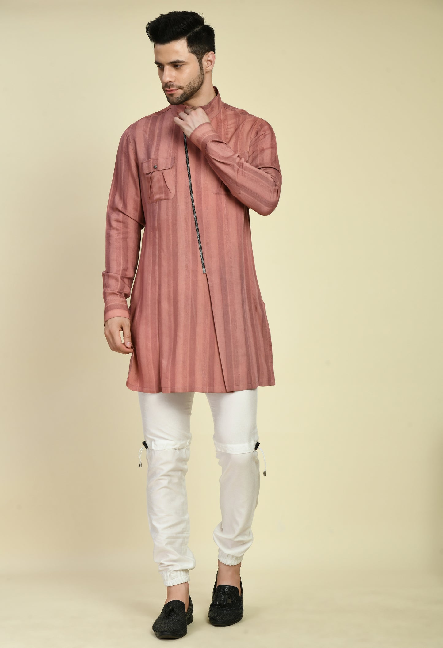 Side view - Men’s Nehru Jacket – Silk Jaquard in Pink with Assymetric Zipper Front